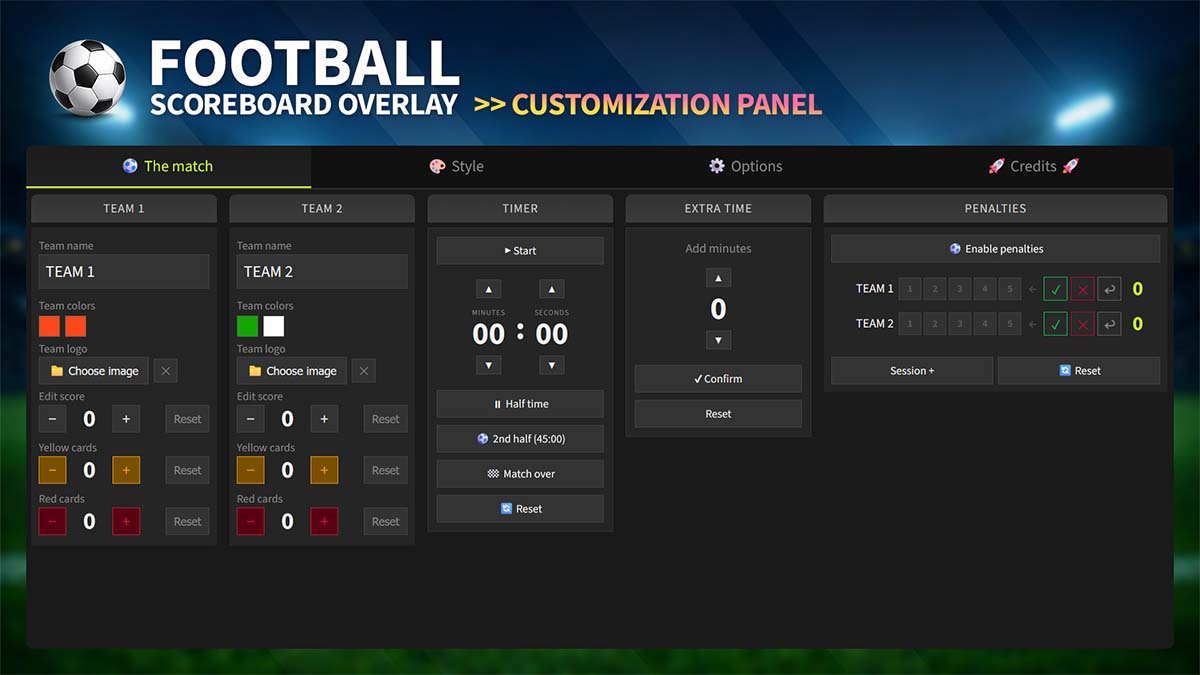 Football Scoreboard Overlay – Match Settings Football scoreboard overlay match settings panel
