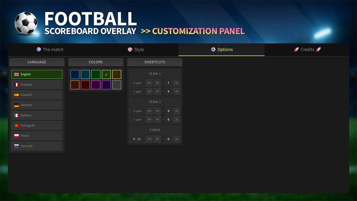 Football Scoreboard Overlay – Options Football scoreboard overlay options panel