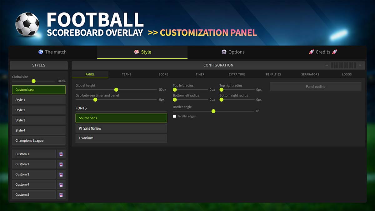 Football Scoreboard Overlay – Style Settings Football scoreboard overlay style customization panel