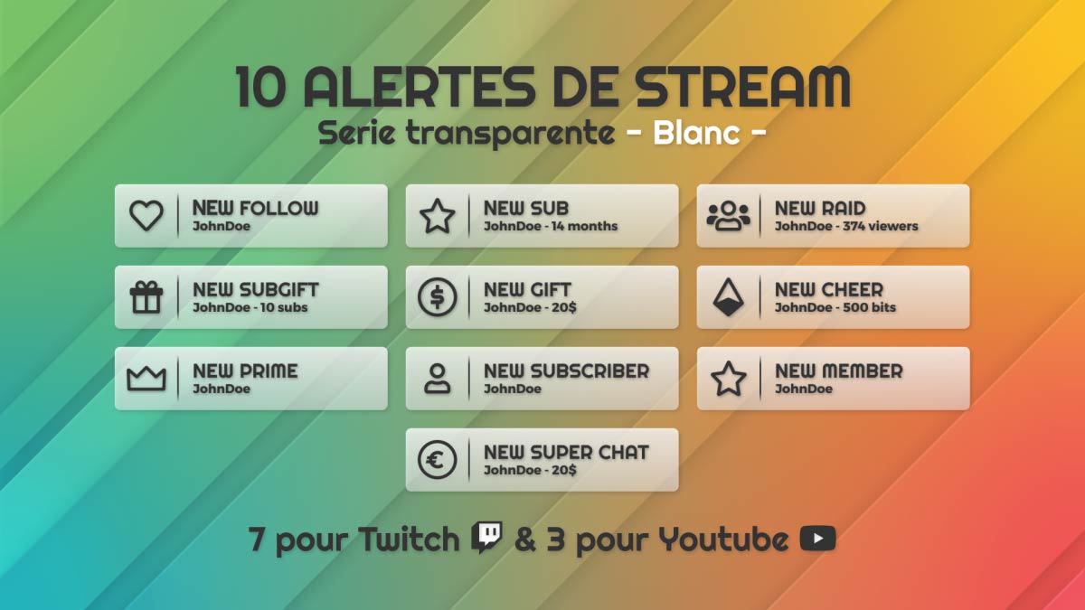 Aperçu complet du pack d’alertes blanches transparentes pour Twitch et YouTube