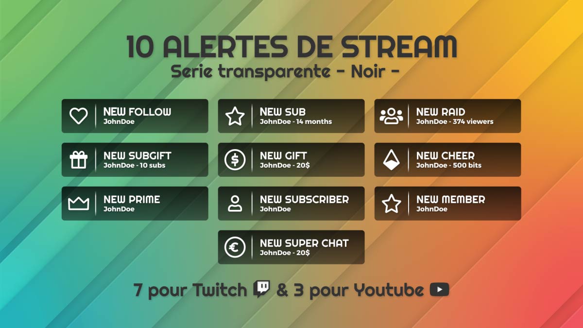 Aperçu complet du pack d’alertes blanches transparentes pour Twitch et YouTube