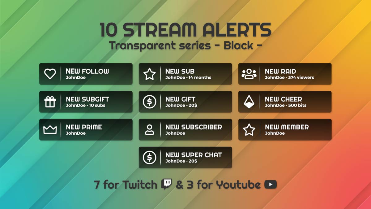 Aperçu complet du pack d’alertes blanches transparentes pour Twitch et YouTube