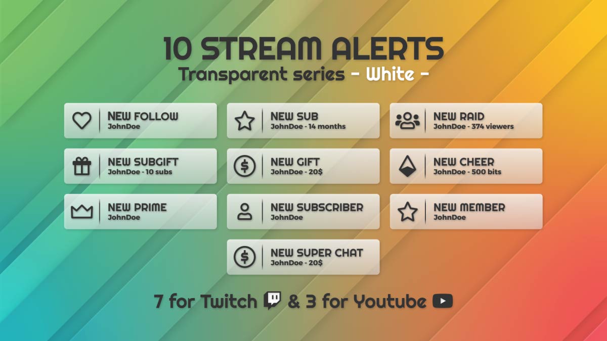 Full preview of the white transparent stream alerts pack for Twitch and YouTube