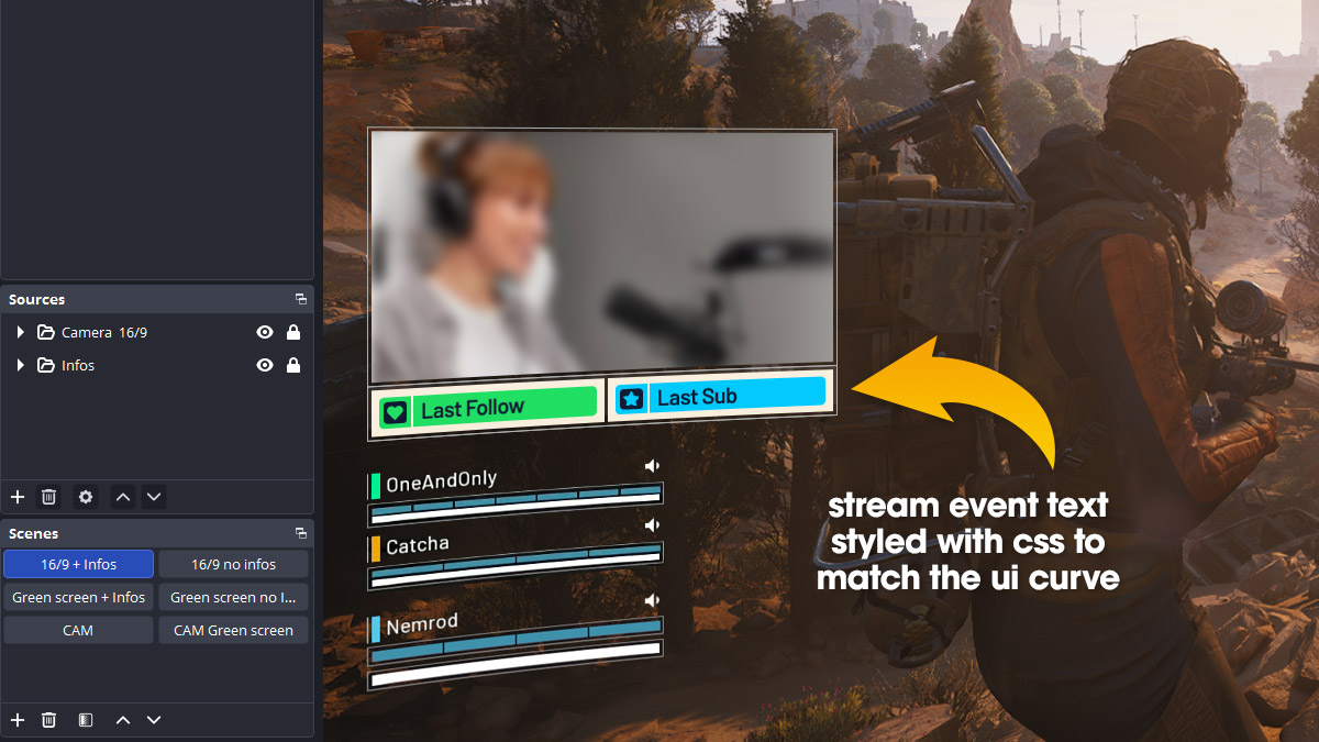 Arc Raiders camera overlay with stream information, inspired by the game UI