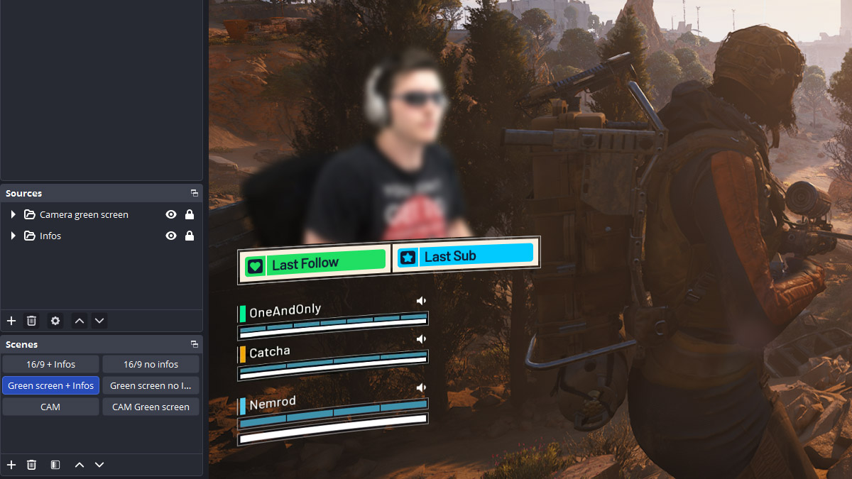 Overlay caméra Arc Raiders en green screen avec textes d’événements stylisés selon l’interface du jeu