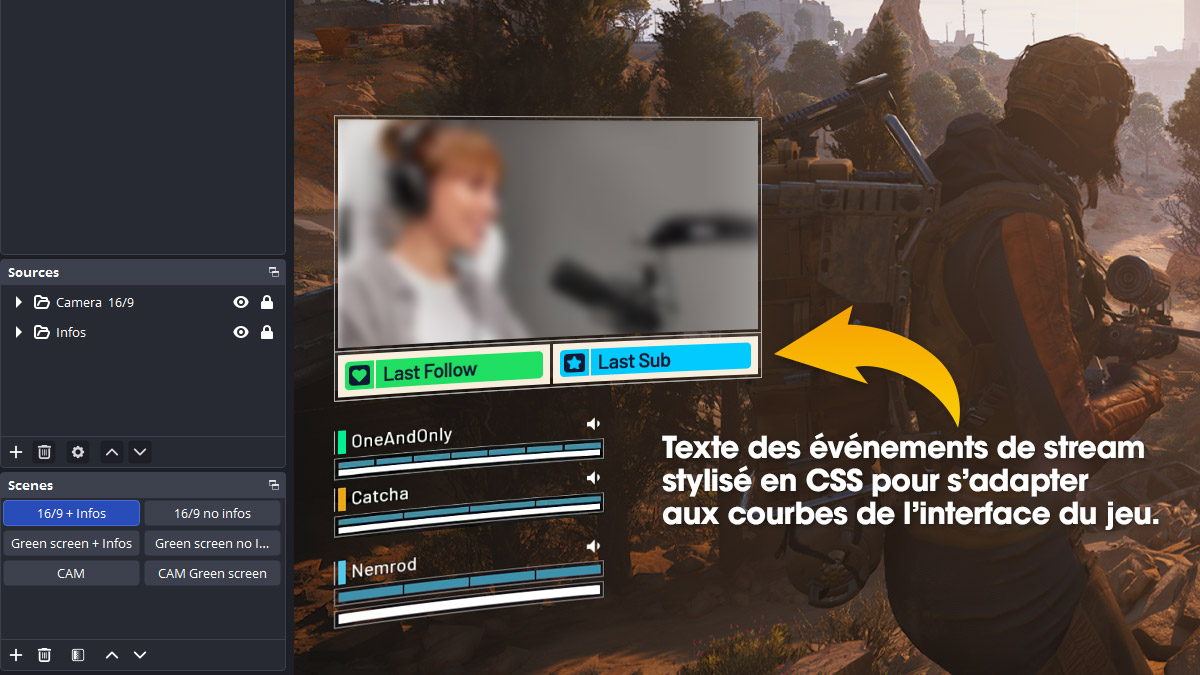 Overlay caméra Arc Raiders avec informations de stream intégrées, inspiré de l’interface du jeu