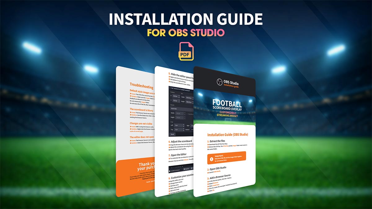 Football scoreboard overlay installation guide PDF for OBS Studio and Browser Sources