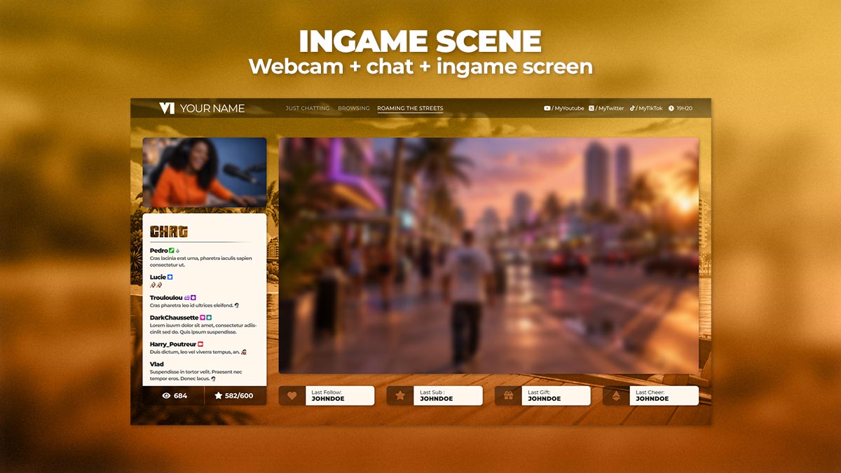 GTA 6 In-Game overlay for OBS Studio featuring gameplay, webcam frame, StreamElements chat, stream event widgets, and customizable background colors.