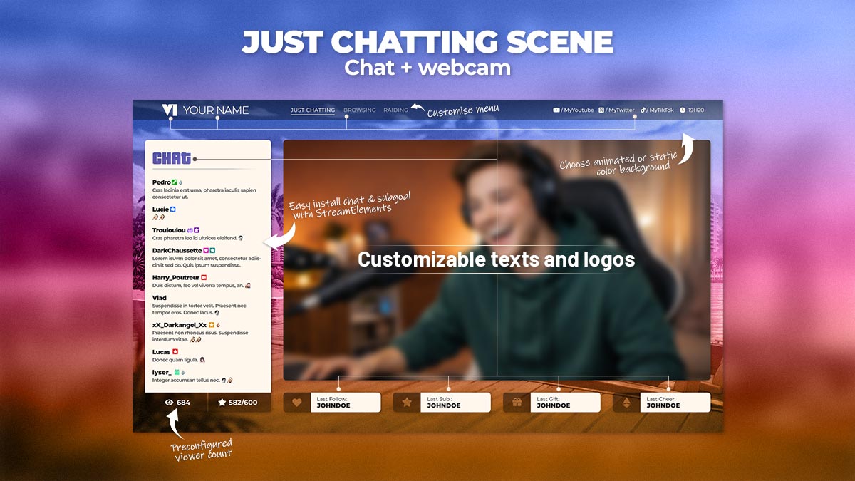GTA 6 Just Chatting Twitch overlay for OBS Studio featuring webcam frame, StreamElements chat, customizable stream events, and Vice City-inspired design.