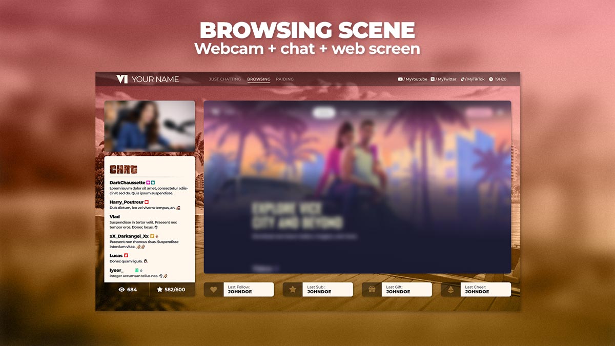 TA 6 Browsing scene overlay for OBS Studio featuring webcam, StreamElements chat, browser window and stream event widgets with a Vice City-inspired design.