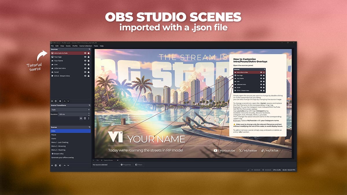 GTA 6 OBS Studio scene collection imported via JSON file, showing preconfigured stream overlay scenes with customizable branding, gameplay and starting screen layouts.