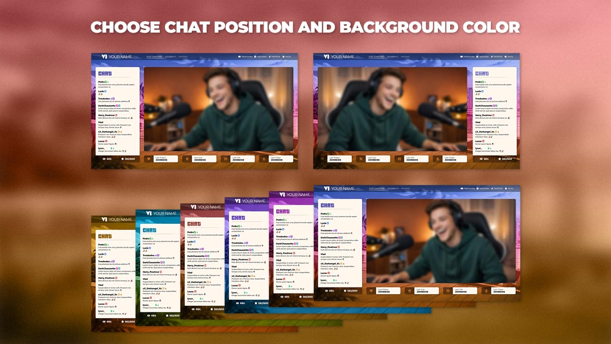 GTA 6 Twitch chat overlay for OBS Studio showing left and right layout options, with multiple background color variations and consistent chat positioning across scenes.