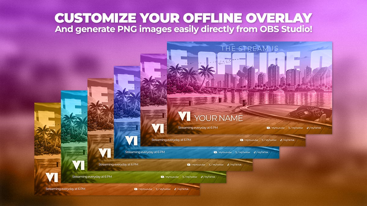 GTA 6 customizable offline stream screens in multiple background colors, featuring Vice City-inspired artwork, streamer name, logo, message and social media links.