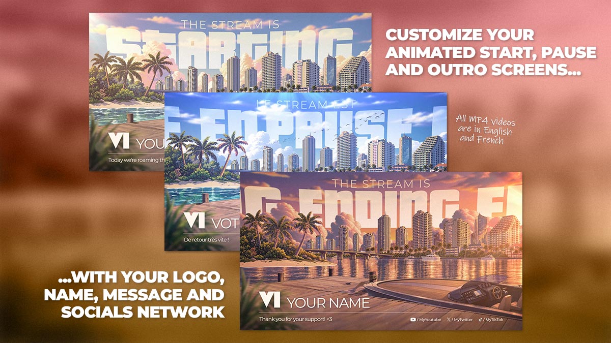 GTA 6 animated stream screens for OBS Studio featuring Starting Soon, BRB and Stream Ending screens with Vice City-inspired backgrounds and customizable streamer branding.
