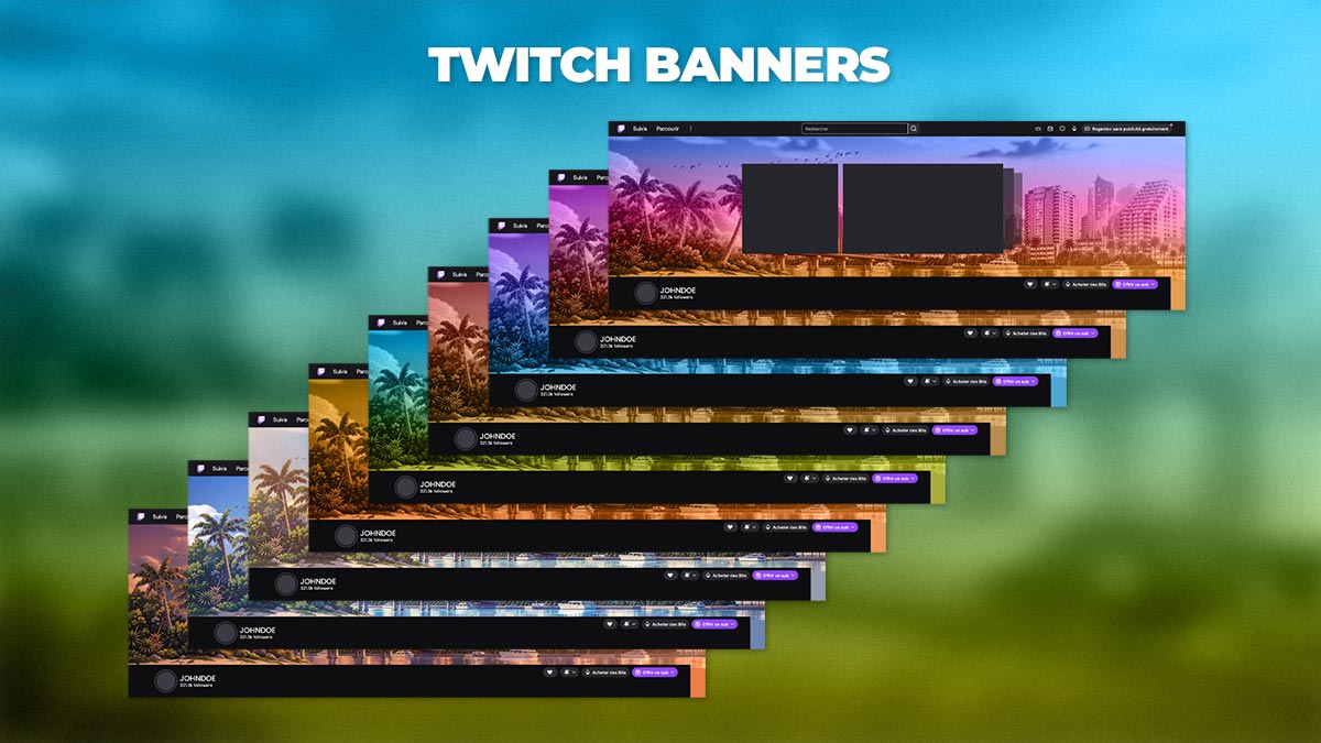 GTA 6 Twitch profile banners in 9 background color variations featuring a Vice City-inspired sunset, palm trees and city skyline for customizable Twitch channel branding.