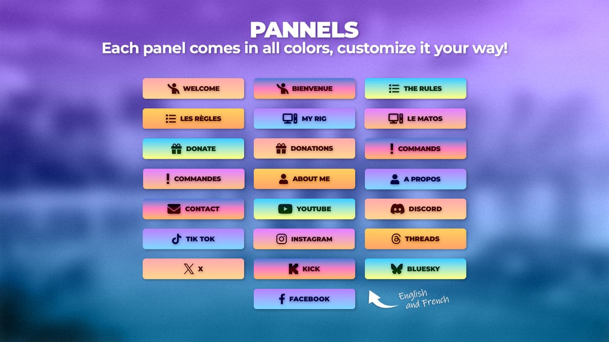 GTA 6 Twitch panels pack featuring 22 profile panel designs in 6 gradient color variations, including About Me, Rules, Donations, Commands and social media panels in English and French.